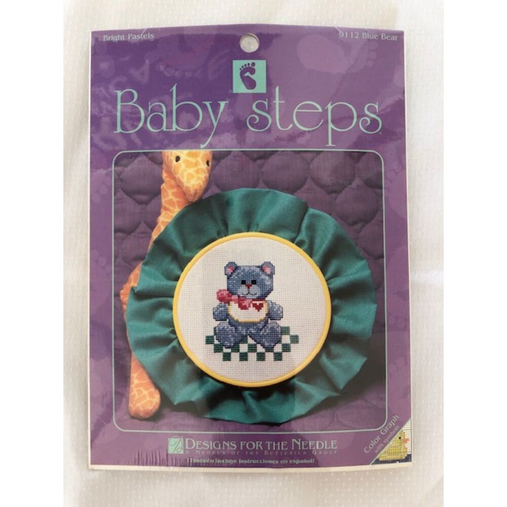Vintage Cottagecore Cross-Stitch "Blue Bear"